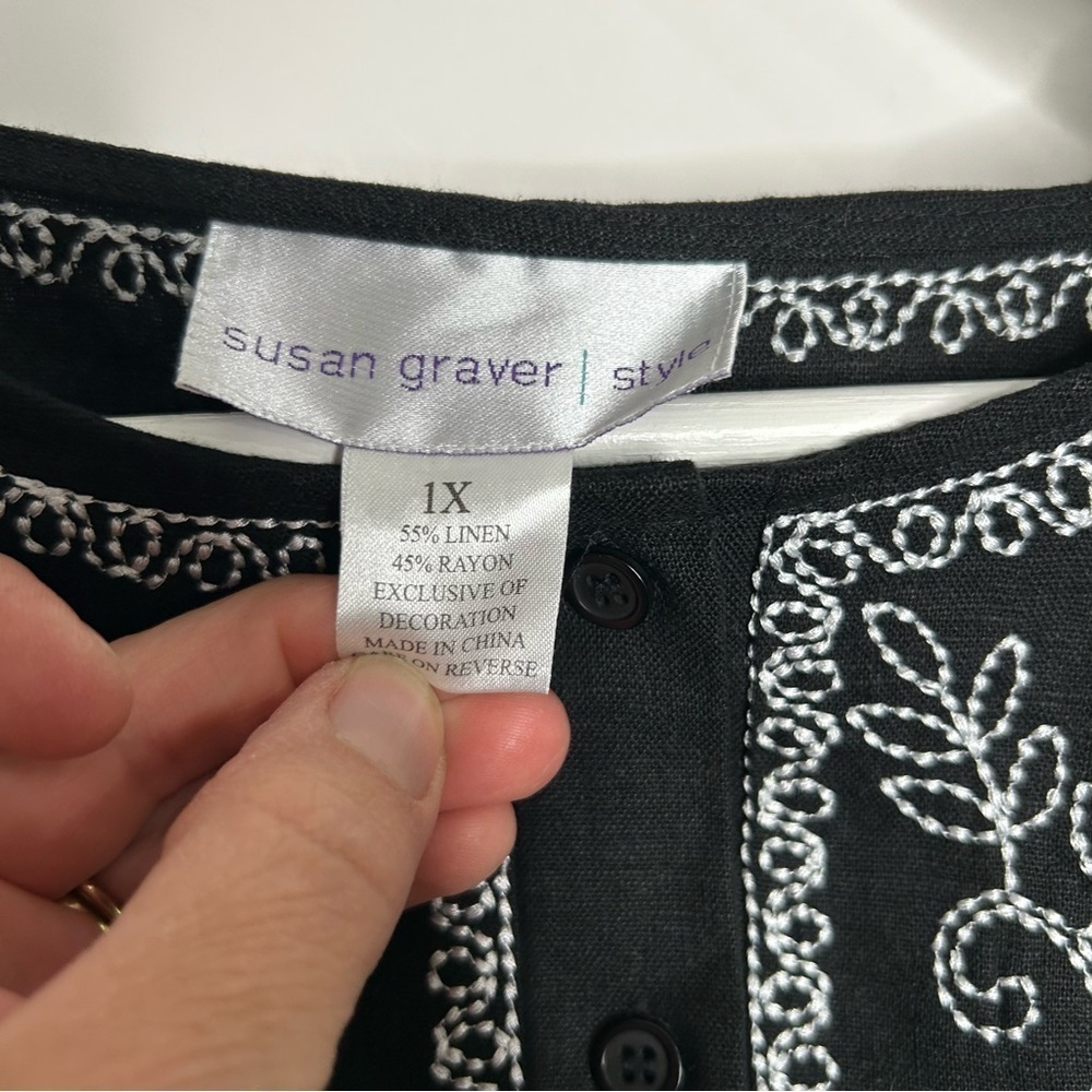 Susan Graver Women’s Linen Blend 2 Piece Set Blouse Pants 1X Black Embroidered - Picture 3 of 9